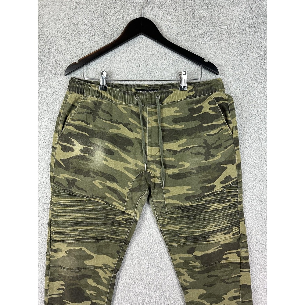 Free Planet Pants Mens Large Camo Moto Joggers Drawstring Tapered Cuffs Tactical